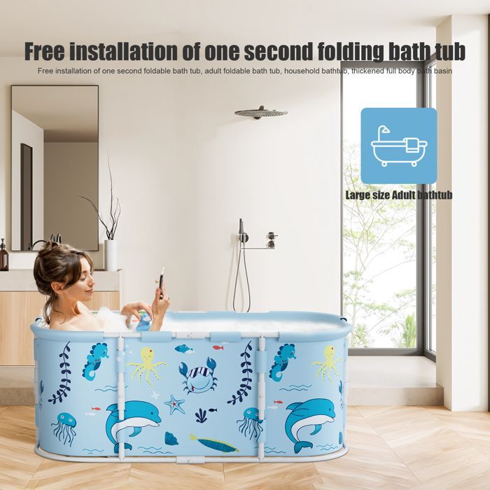Faltbare Badewanne für Erwachsene und Kinder, 110 x 60 x 50 cm, Babybecken, Wärmespeicherung, Eisbad, Hellblau