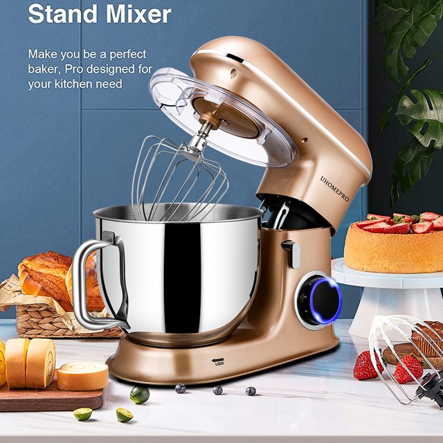 Batedeira de pedestal uhomepro de 7,5 QT para cozinha, 6 velocidades + 0 + P, cabeça inclinável, 660 W, batedeira elétrica para massa, uso doméstico e comercial, com gancho para massa, batedor, batedor de ovos, espátula, própria para lava-louças.