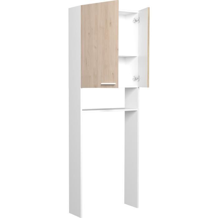Estantería para baño/lavadero - Acabado en roble y blanco - 2 puertas - 64,2 x 21,8 x 184 cm - WOODY