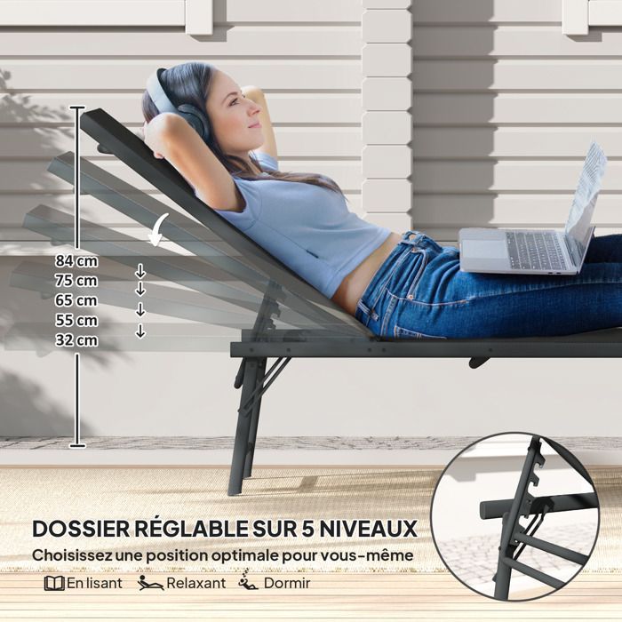 Juego de 2 tumbonas plegables y reclinables Outsunny de textilene, perfectas para relajarse en la playa o de camping - 54 x 164 x 84 cm - negro