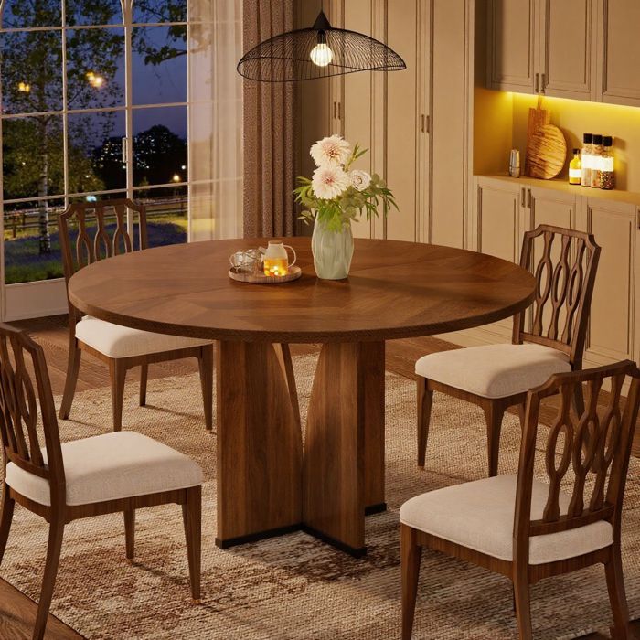 Round dining table 100 x 75cm, Square kitchen table for 4 to 6 people, wooden top and legs (Brown)