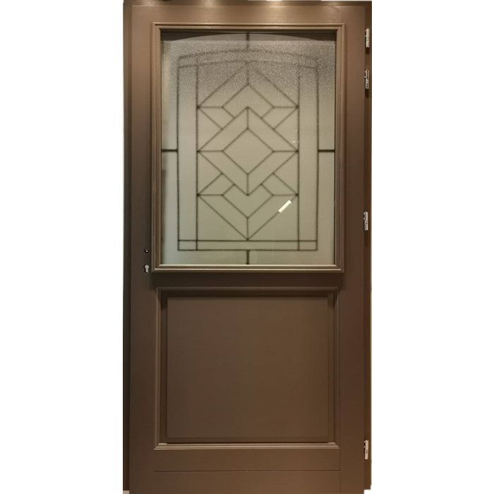 Puerta de entrada de madera Elodie Quartz Grey con cristal, 215 cm de alto x 90 cm de ancho, lado izquierdo.