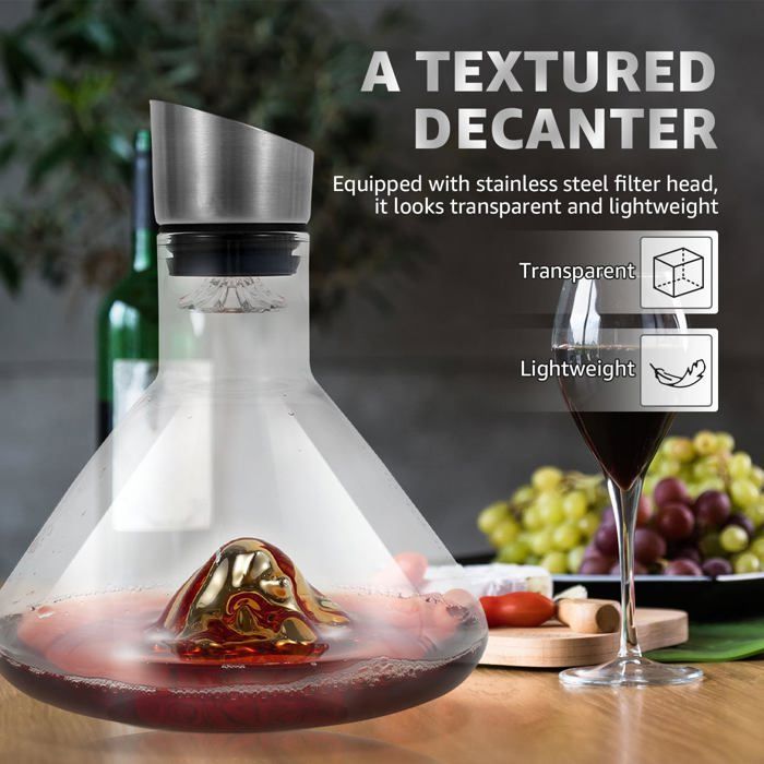 Carafe à vin rouge Iceberg avec aérateur, verre cristal, 1500 ml, acier inoxydable, bec verseur anti-gouttes(doré)