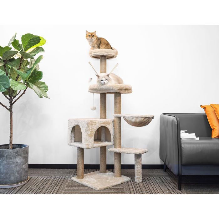 Krabpaal voor katten, 145 cm, stabiele klimtoren met meerdere niveaus, activiteitenboom met 7 sisalpalen en 5 platforms.