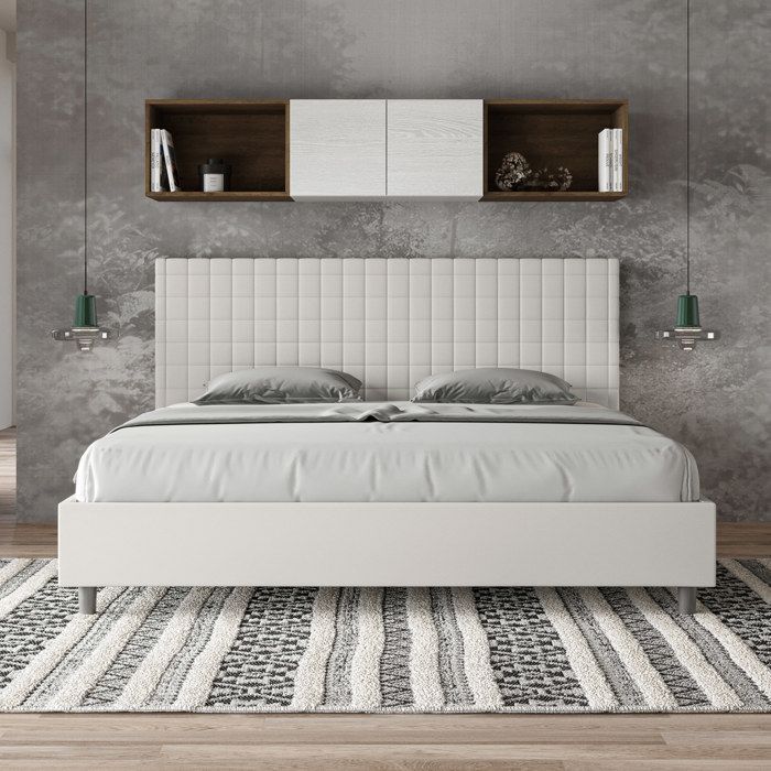 Lit king size coffre rembourré 200x210  similicuir blanc Sunny