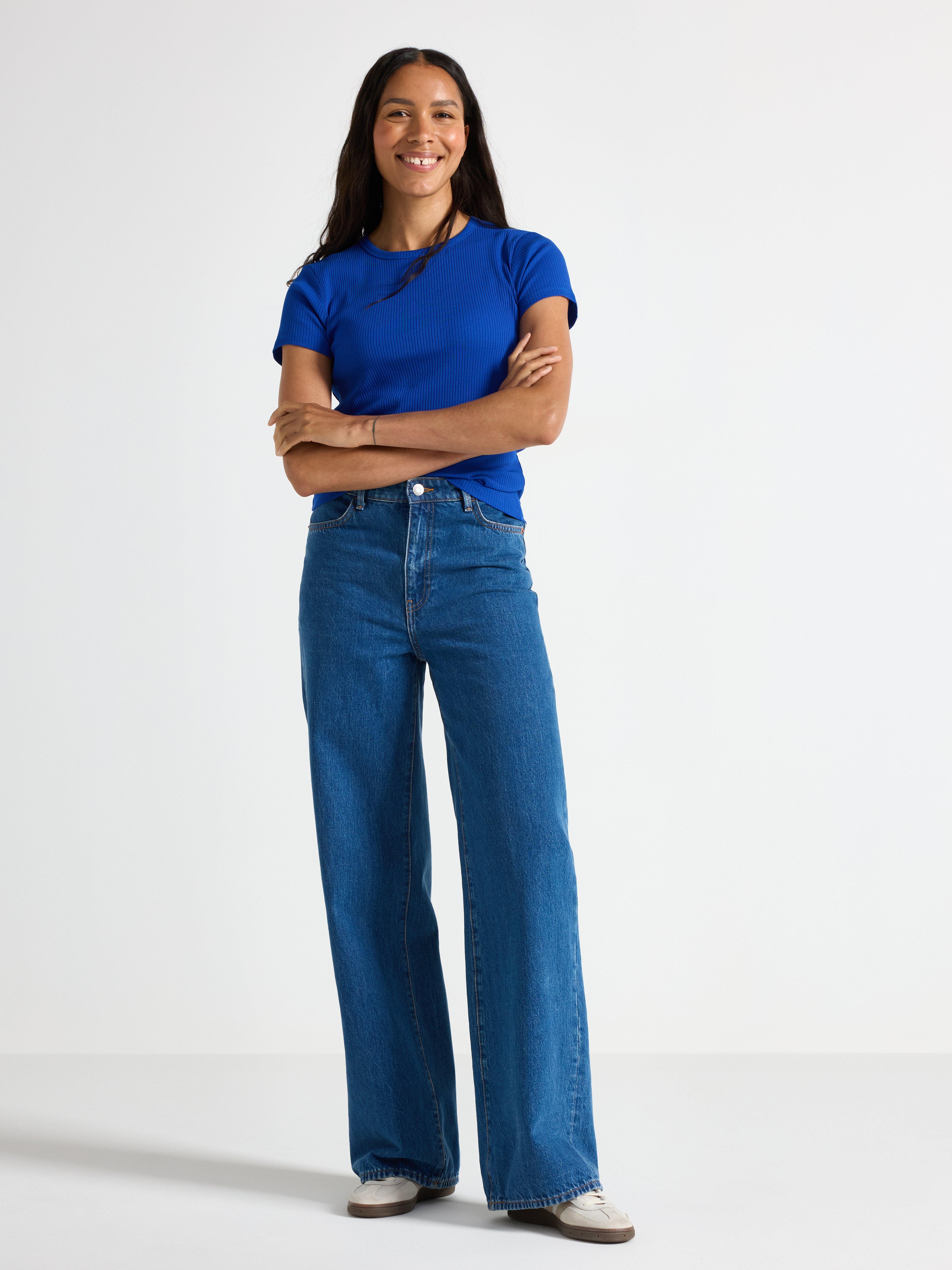 Ribbad kortärmad topp Blue