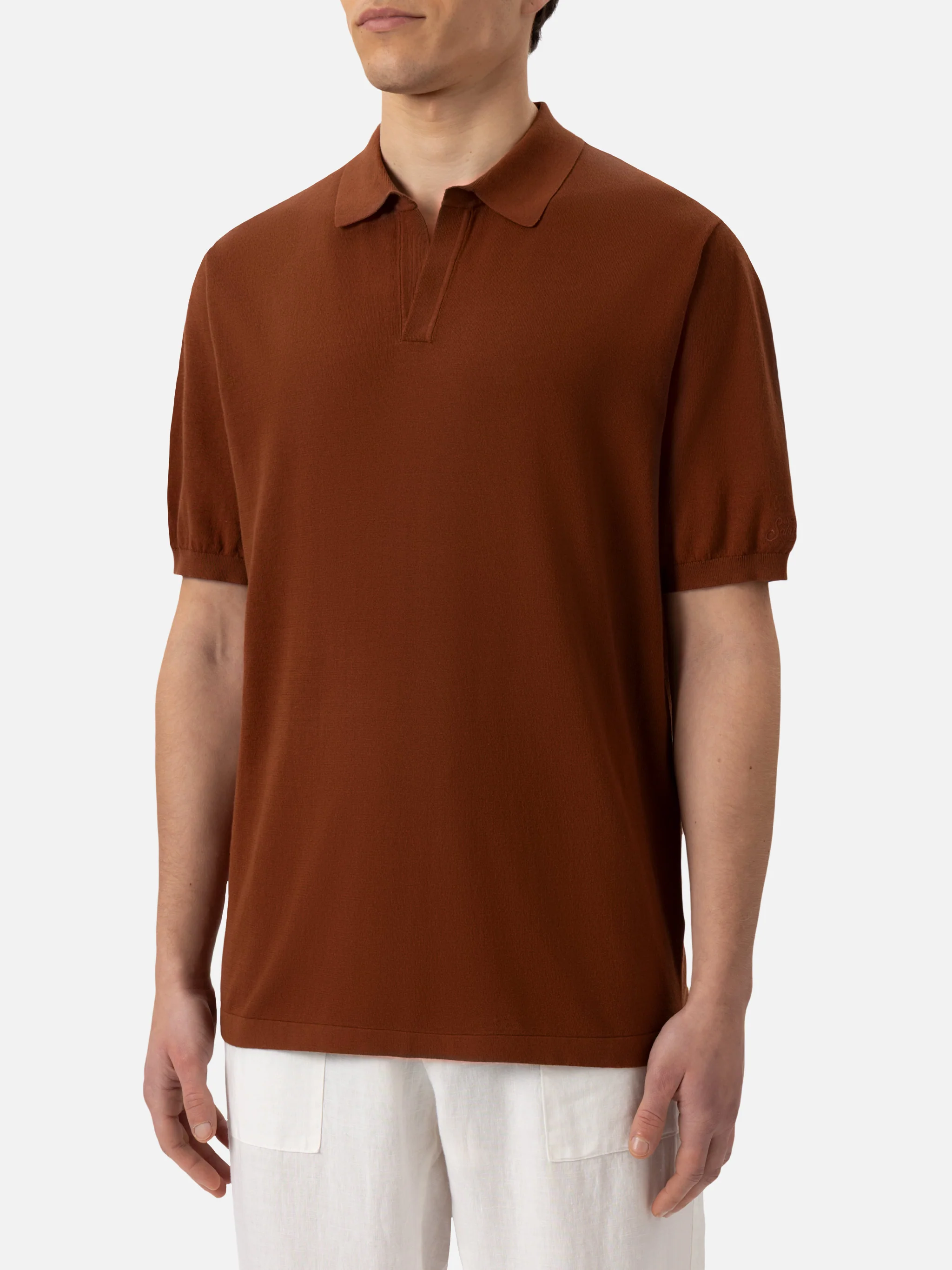 Sloan poloshirt zonder knoopjes in camelkleurige gebreide stof