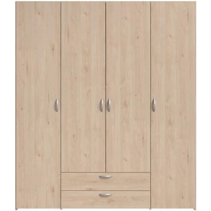 Armario de dormitorio VARIA - Acabado en roble - 4 puertas batientes + 2 cajones - Ancho 159,9 cm x Profundidad 51,3 cm x Alto 185 cm