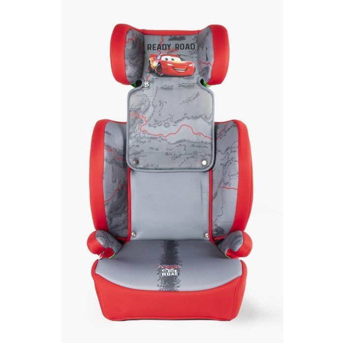 Tataway Disney Cars autostoel voor kinderen van 100-150 cm, met Lightning McQueen-afbeelding en een rood/grijze achtergrond.
