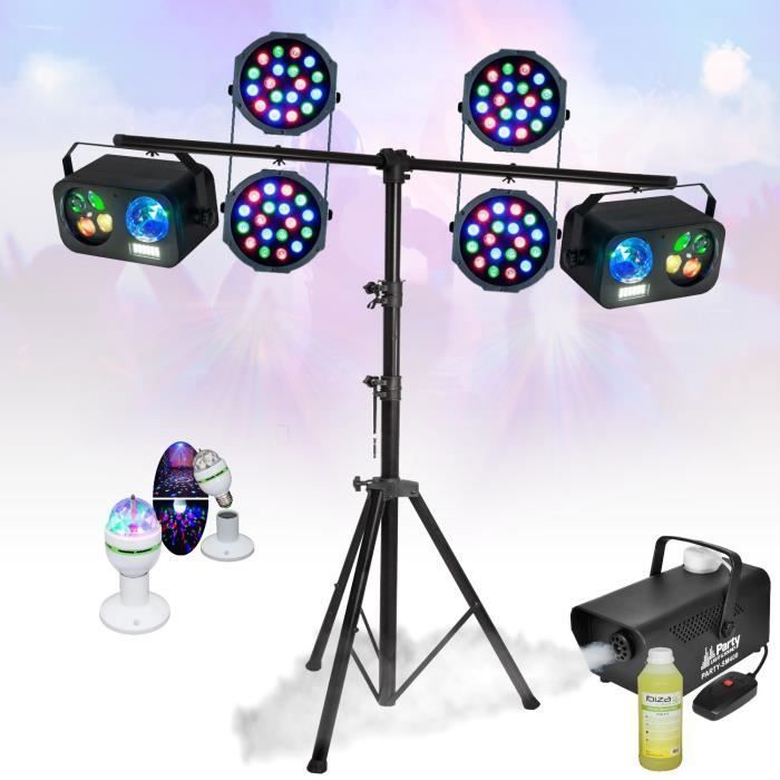 Party Light & Sound Lighting Kit with 4 RGB PAR Projectors, 2 Astro Strobe Gobo Lighting Effects, and a 1L Liquid Fog Machine