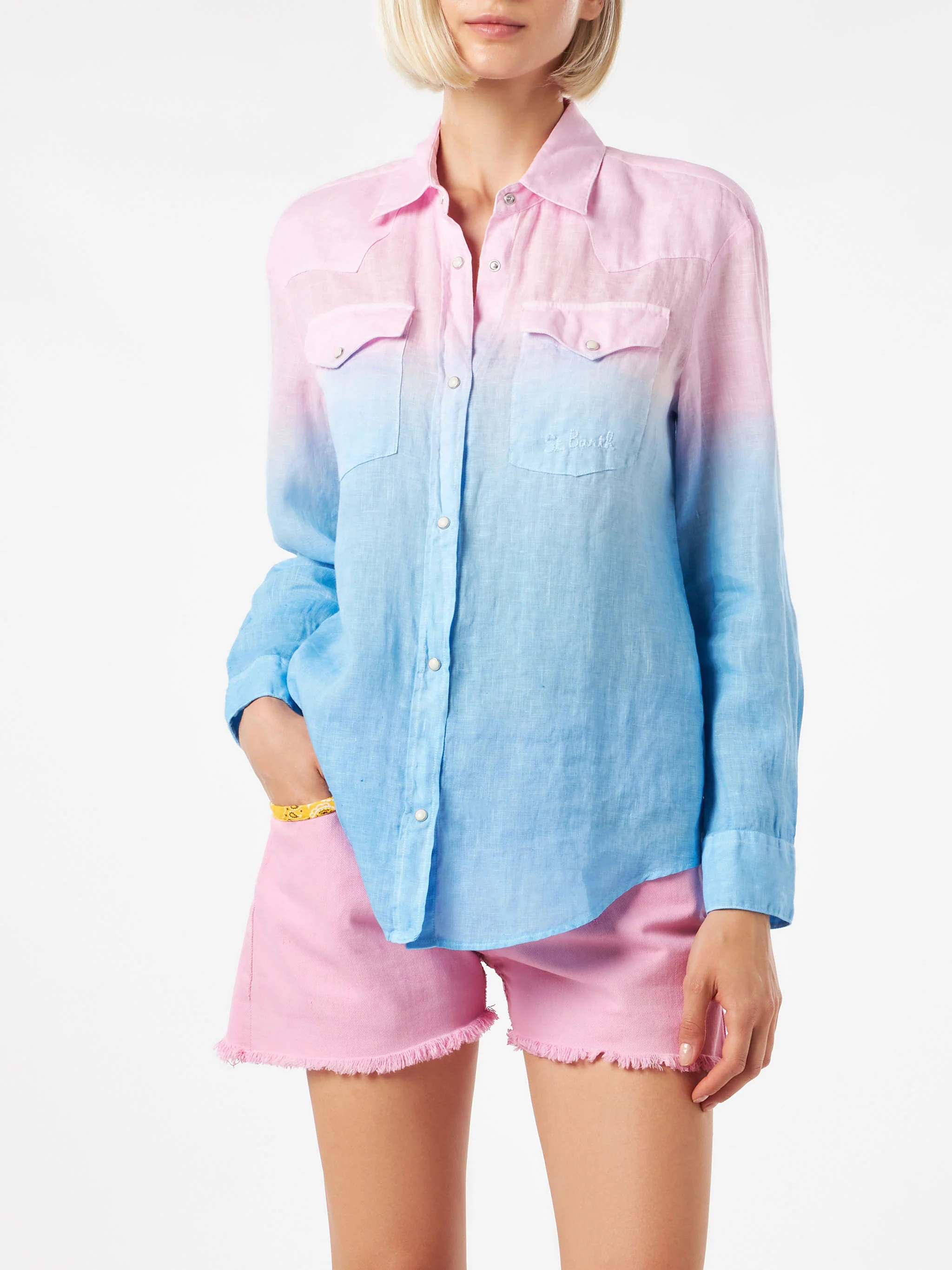 Camicia da donna dai colori sfumati rosa e blu