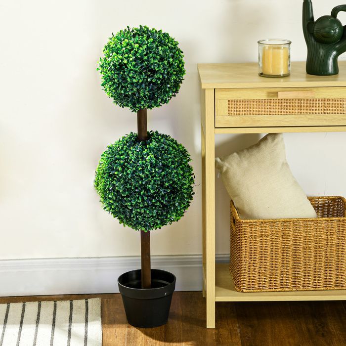 Künstlicher Buchsbaum – HOMCOM – Set mit 2 Doppelkugeln inklusive Stamm und Topf – Dekoration – Kunststoff – Höhe 90 cm – grün