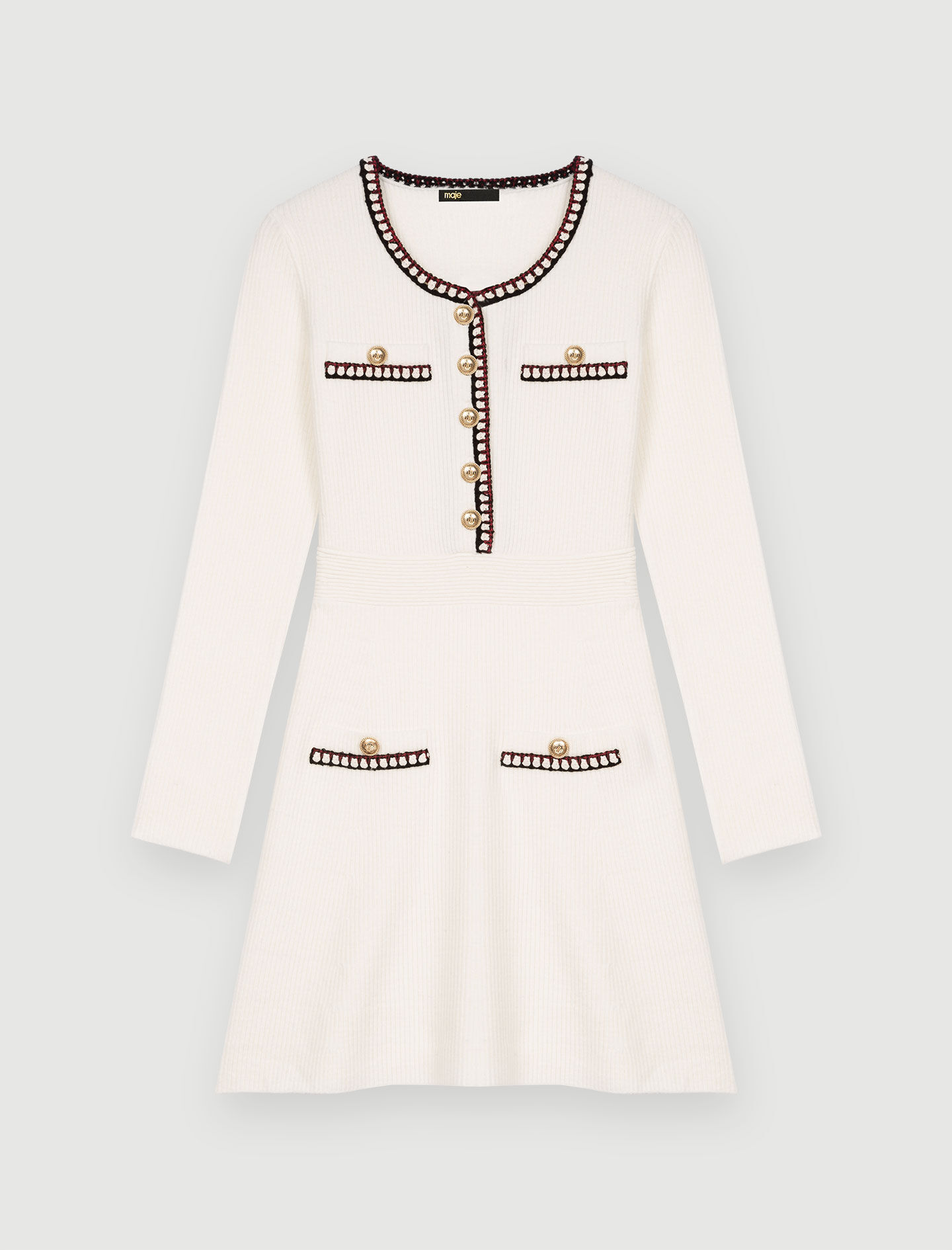 Rochie tricotată cu nervuri și contrast - Alb-gălbui