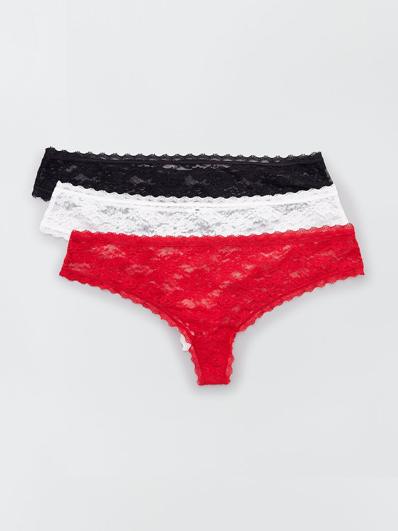 Set van 3 Braziliaanse kanten slipjes - ecru/rood/zwart