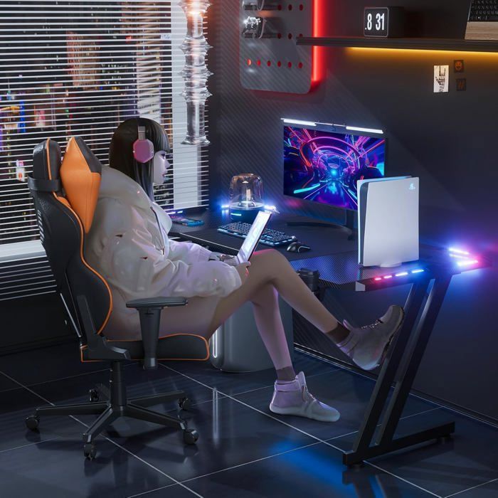 HLONONE 160 x 60cm LED Gaming Table, Gamer Desk with Carbon Fiber Top, Large Gaming Table, Black