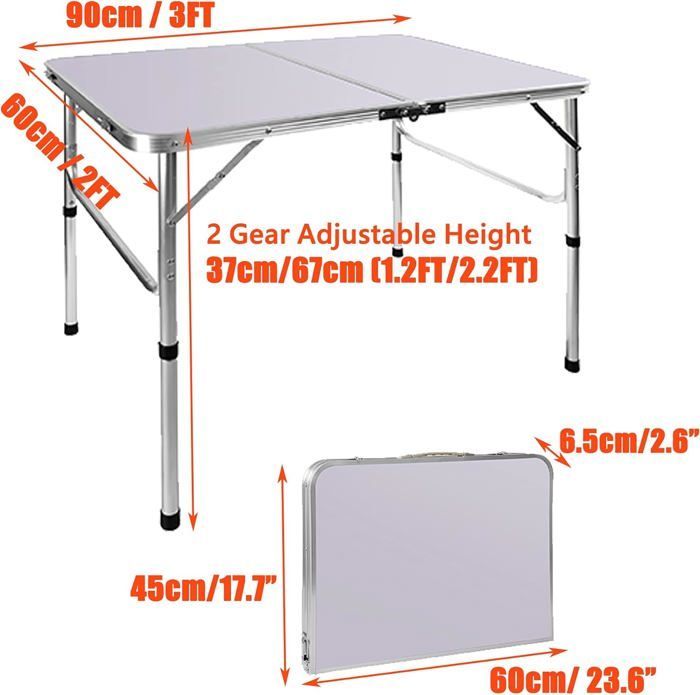 White Aluminum MDF Folding Camping Table, 90 x 60 x 37/67 cm, DAYPLUS, Adjustable Height Garden Table with Storage Box (2 Levels)
