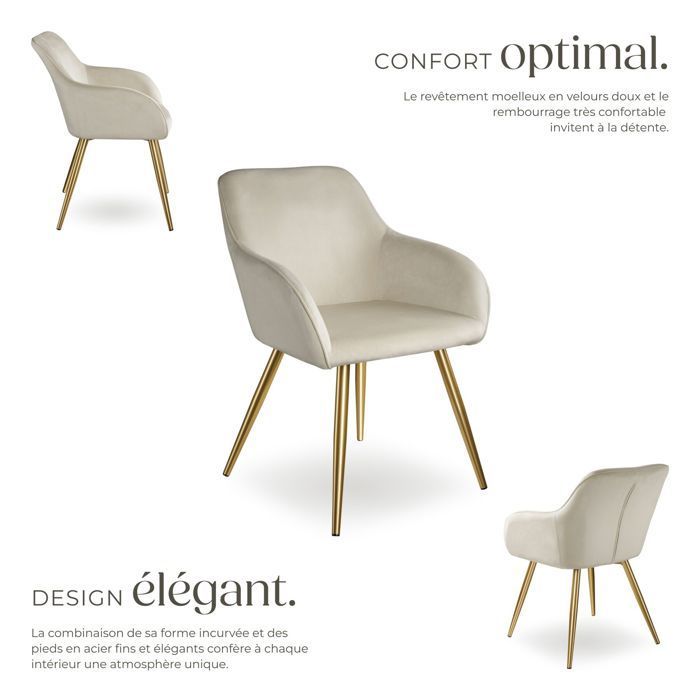 Chaise - TECTAKE - Fauteuil de salle à manger MARYLIN en velours avec pieds en acier doré - Crème/Doré