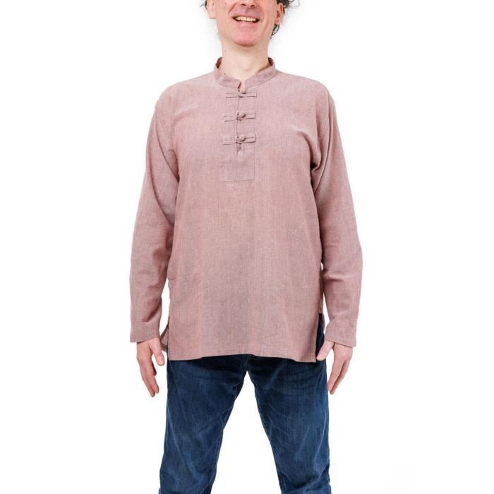 Camicia etnica da uomo - FANTAZIA - Kikori - 100% cotone Khadar - Collo alla coreana - Marrone tenue Bianco mélange