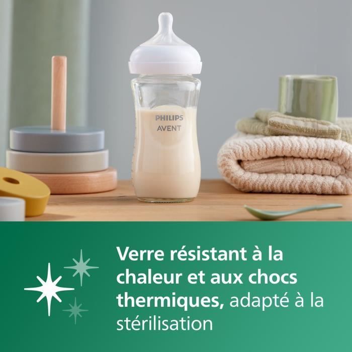 Pasgeborenenset - PHILIPS AVENT - Natuurlijk glas 3.0 - Glazen fles van 120 ml + 2 flessen van 240 ml + Ultrazachte fopspenen 0-6 maanden