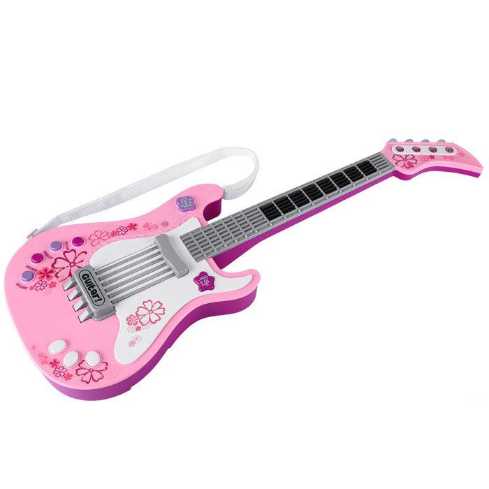 Guitarra baixo infantil multifuncional, instrumento musical leve para crianças, rosa.