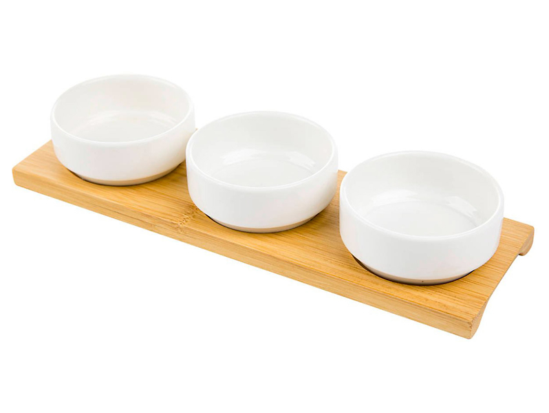 Miseczki na bambusowej podstawce Adria porcelanowe 3 szt. białe