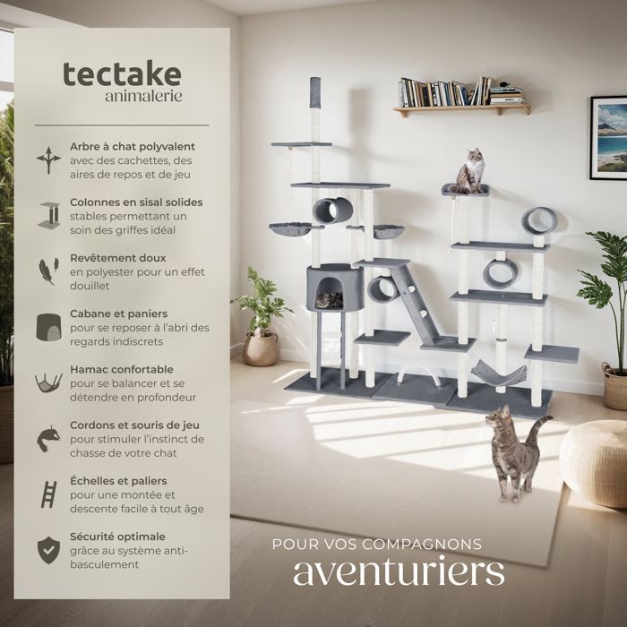 Arbre à chat - TECTAKE - Mobilier pour chat SNOOKY avec grand griffoir et 1 hamac 218 x 70 x 216 cm - Gris