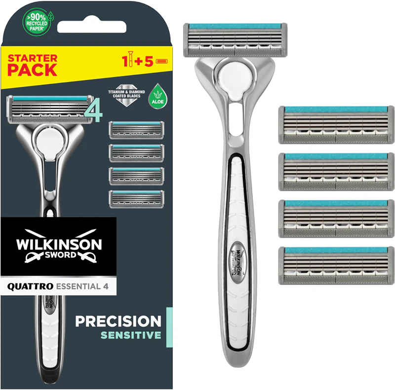 Aparelho de barbear Wilkinson Sword Quattro Titanium Sensitive + lâminas de substituição (4 unidades).
