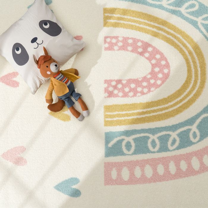 Paco Home Tapis Enfant Tapis Chambre Enfant Fille Garcon Pastel Arc-en-ciel Coeur Crème Crème 120x160 cm