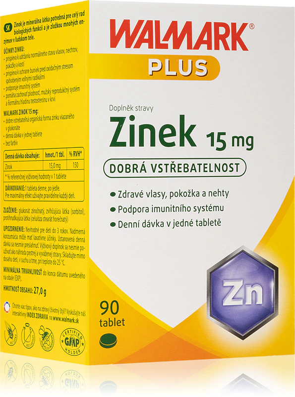 Comprimidos de suplemento alimentar Walmark Zinco 15mg para cabelos, pele e unhas saudáveis.
