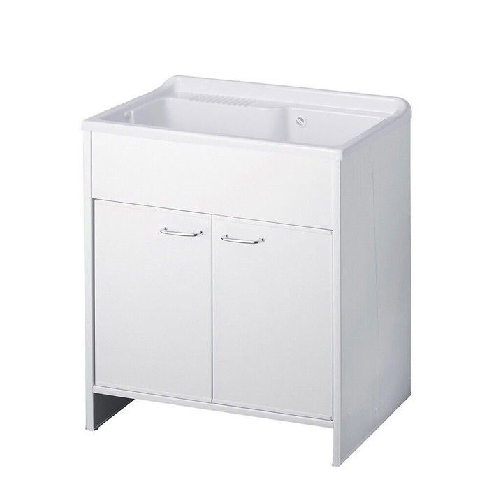 Meuble buanderie double porte PVC avec vasque bac à laver polypropylène 80x50 Blanc