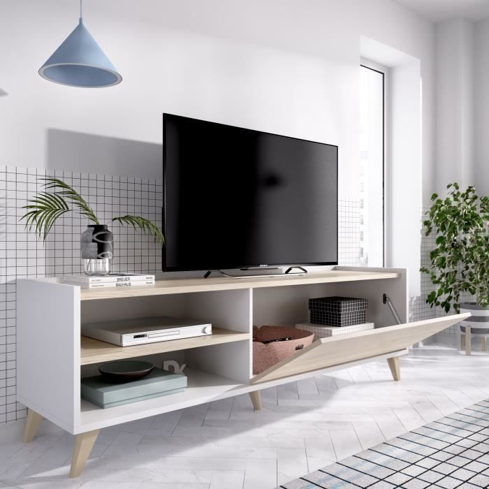 Ensemble salon NESS : Meuble TV + Table basse relevable - Mélaminé - Décor chêne clair et blanc