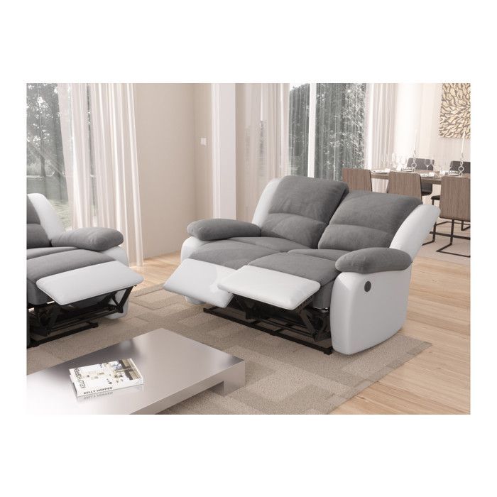 Canapé de Relaxation électrique 2 places Microfibre et Simili LEO - Blanc et gris - L143 x 93 x 96cm - LOUNGITUDE