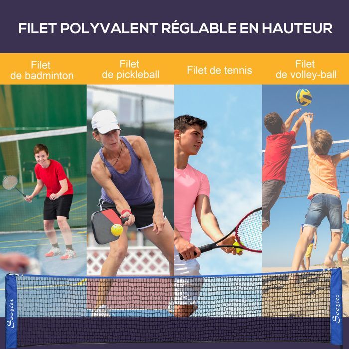 Badminton net - SPORTNOW - adjustable height from 107 to 155 cm - with carrying bag - metal frame - black, blue
