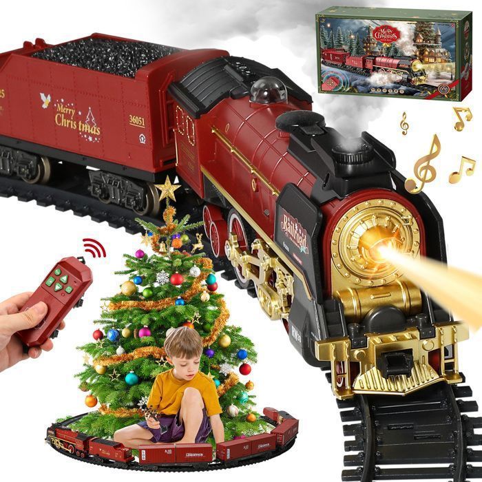 Tren eléctrico infantil con mando a distancia y luces navideñas - Circuito de tren eléctrico - 216 x 99 cm - 5 vagones - Luces y sonidos