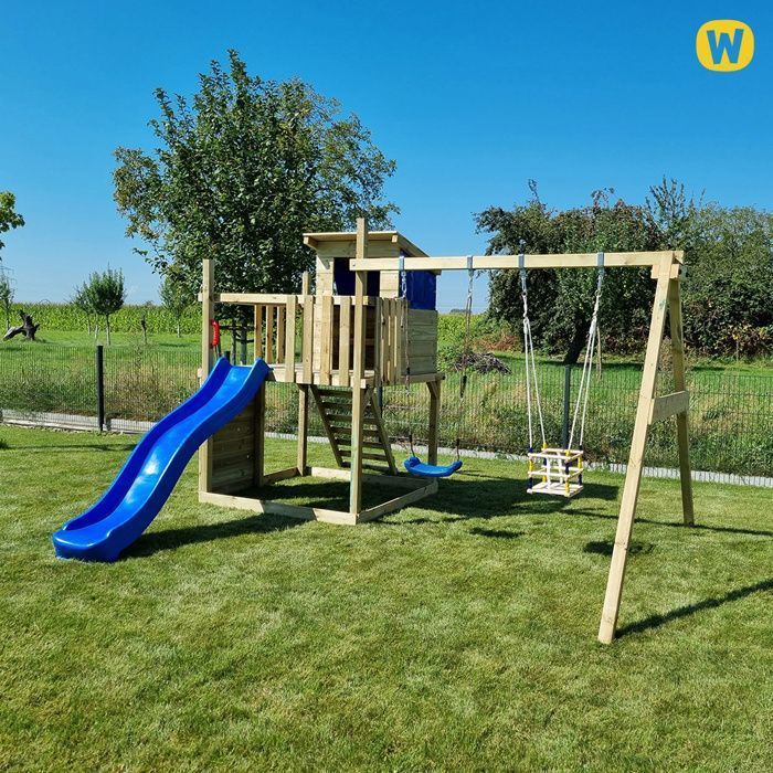 Aire de jeux bois WICKEY Smart Camp avec toboggan 220 cm vert pastel, double balançoire et maisonnette – 10 ans de garantie*