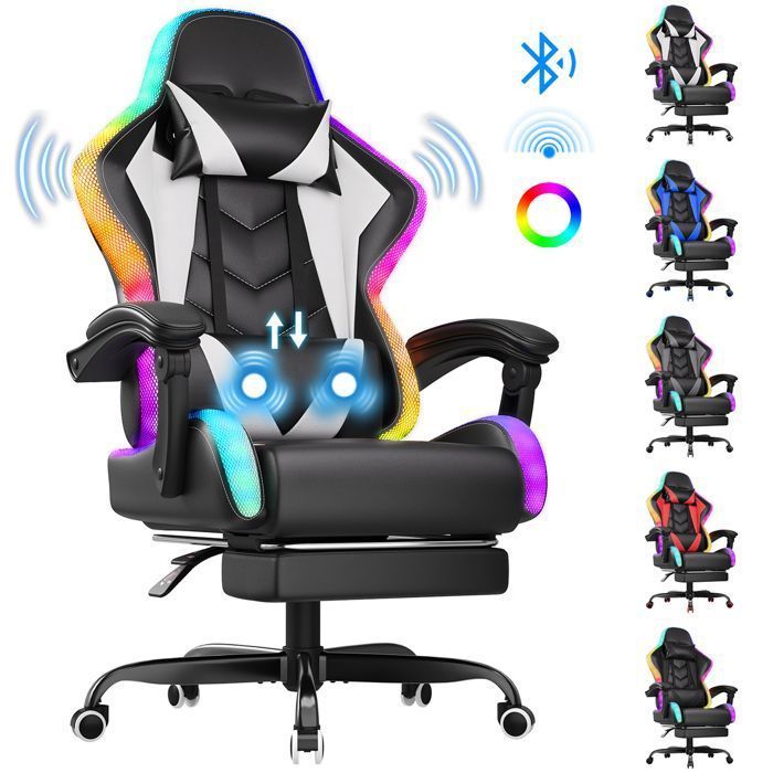 Sedia da gaming ergonomica con LED RGB, massaggio lombare e poggiapiedi – Sedia da gaming con poggiatesta regolabile – 180 kg, bianca