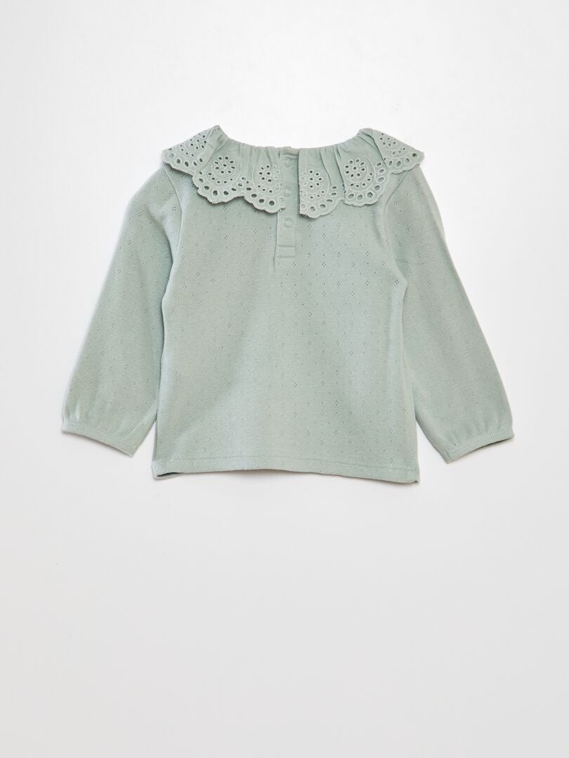 Gebreid T-shirt met pointelle-patroon - GROEN