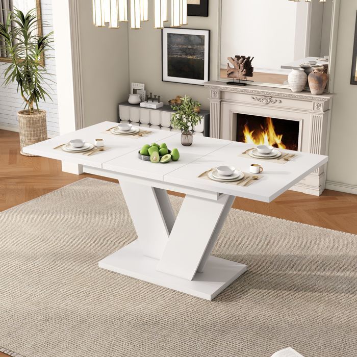 Mesa de comedor extensible de 120/160 x 80 x 75 cm, patas en forma de V, estilo sencillo, apta para 4 a 6 personas, color blanco.