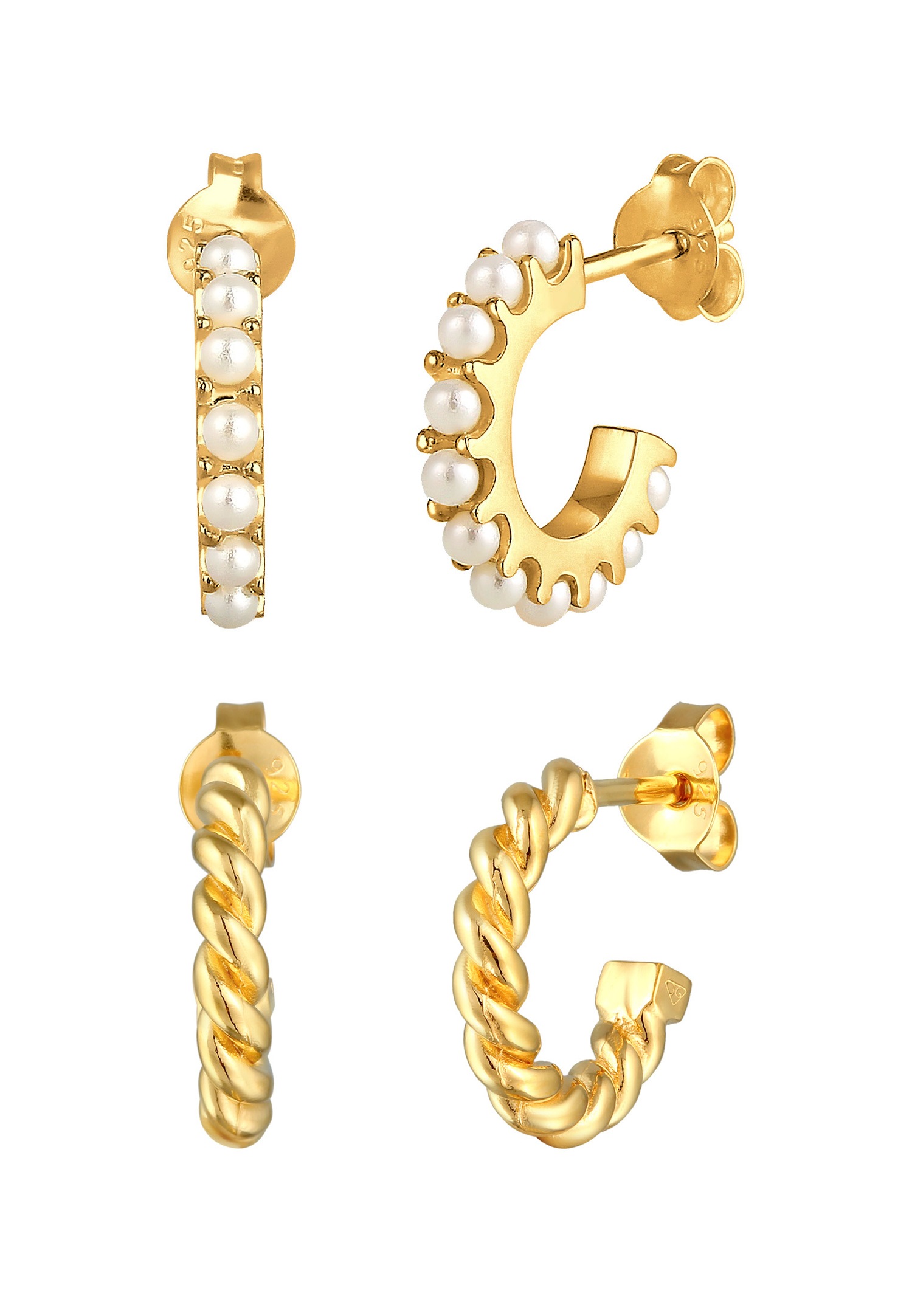 Elli Femmes Créoles Perles Cordon Set en argent sterling 925 plaqué or