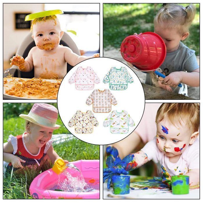 FOOTIER Bavoir manche longues, Imperméable, Ajustable, 4 mois à 3 ans（5pcs）