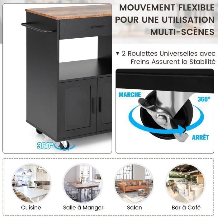 Carrito de cocina COSTWAY con ruedas (2 con cerradura) 82x46x92cm, isla de cocina con 3 especieros, color negro.