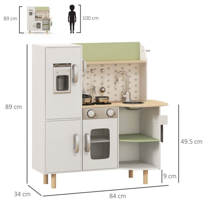 Kinderkeuken - AIYAPLAY - Houten fantasiespeelset met ijsmachine, gootsteen en keukengerei - Hout - 84x34x89cm - Wit