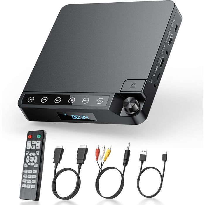 Lecteur DVD pour TV 1080P, Lecteur DVD HDMI/AV et USB/Carte TF, Câble et Télécommande, Mini CD Player Couverture multizone