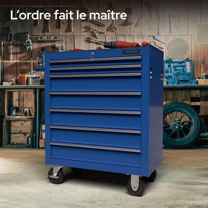 AREBOS Chariot à outils 7 tiroirs, robuste, sécurisé, avec roulettes pivotantes et grande capacité de rangement.