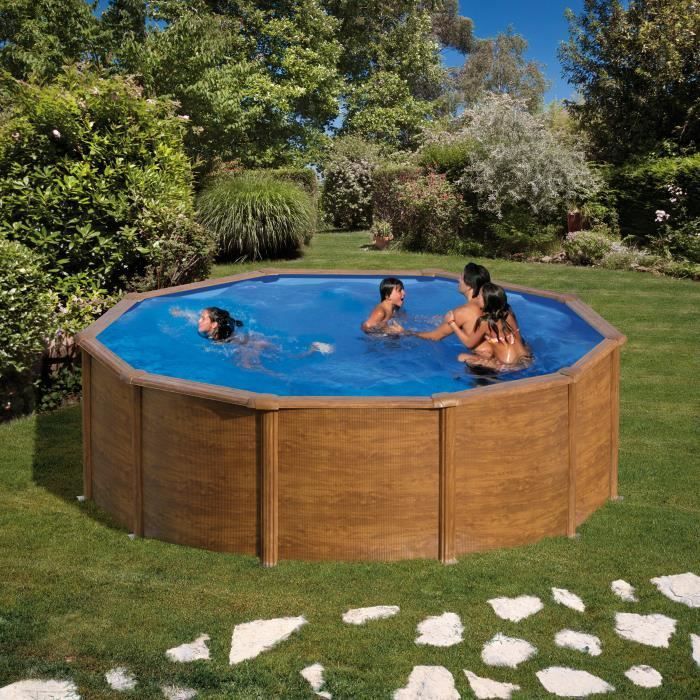 Piscina redonda de aço acima do solo com acabamento imitando madeira - GRE - Pacific - Diâmetro 4,80m - Filtro de areia e escada inclusos