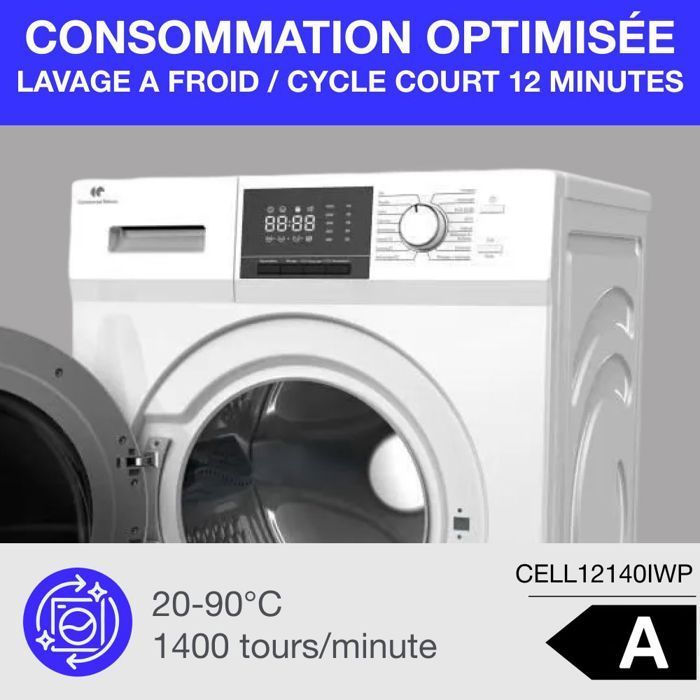Voorlader wasmachine - CONTINENTAL EDISON - CELL12140IWP - 12 kg - Inductie - 60 cm - 1400 tpm - Wit