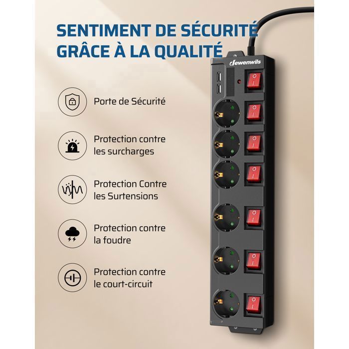 Regleta DEWENWILS - 6 tomas de corriente y 2 puertos USB - Cable de 2 m - 3680 W/16 A - 7 interruptores - Negra