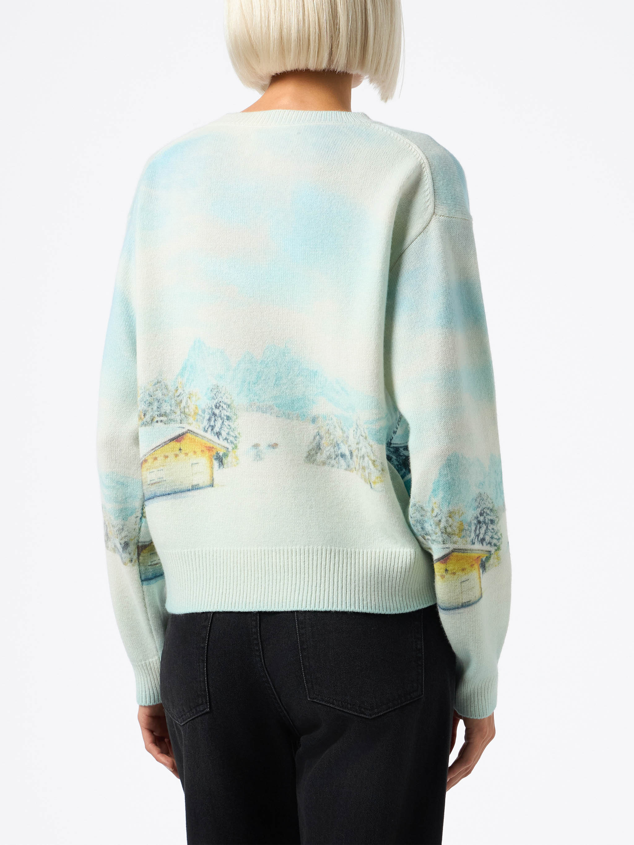 Maglione da donna in misto cashmere Louise con stampa chalet e ricamo