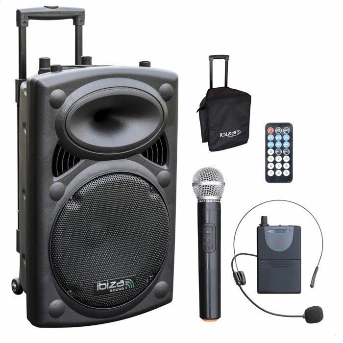 Ibiza PORT15VHF-BT 800W Portable Bluetooth USB Karaoke Speaker Pack with 4 Wireless Microphones - SMM20 Tablet Holder - Party Sound System