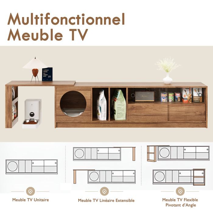 Supporto TV girevole 180(+80)x40x50cm - MODERNLUXE - Cuccia per gatti - Ante scorrevoli - Naturale